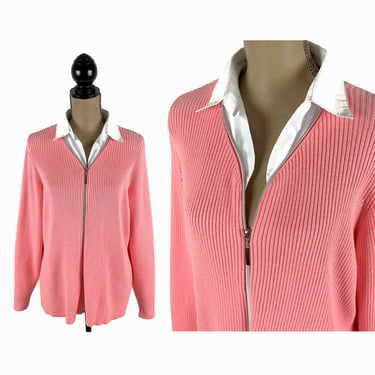 Y2K Pink Cotton Knit Sweater, 2X Zip Up Cardigan, Ribbed Layered Look with Contrasting White Collar, 2000s Clothes Women Plus Size Clothing 