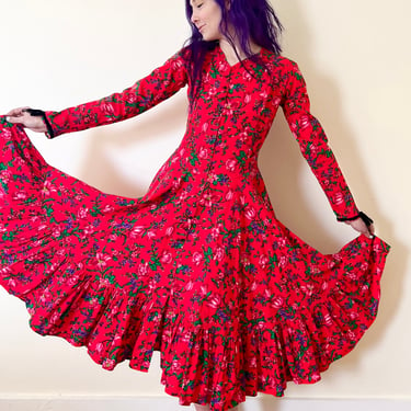 70’s Betsey Johnson Alley Cat Red Cotton Floral Circle Skirt Long Sleeve Prairie Cottagecore Midi Dress