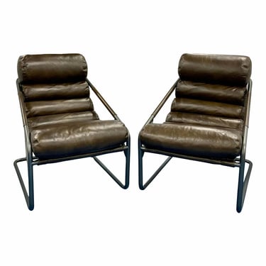 Mid-Century Modern Style Channeled Brown Leather Lounge Chairs Pair