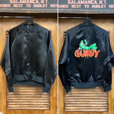 Vintage 1980’s Dated 1985 “Gumby” Cartoon Claymation Satin Bomber Jacket, New Wave, 80’s Vintage Clothing 