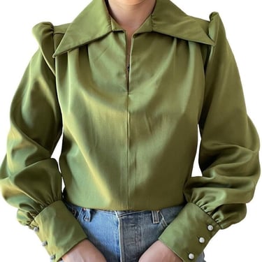 Vintage 1970s Womens Green Disco Collar Retro Psychedelic V Neck Blouse Sz L 