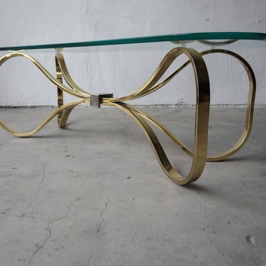 1980's Regency Brass and Glass Bow Tie Coffee Table 