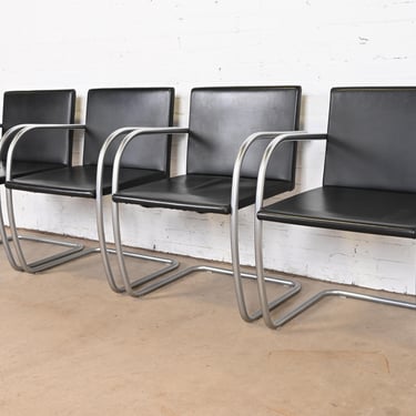 Mies Van Der Rohe for Knoll Black Leather and Chrome Brno Chairs, Set of Four
