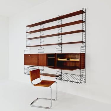 Wall-mounted original Swedish string shelf system, bookcase teak by Nils & Kajsa Strinning, 1960s 