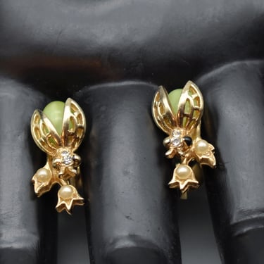 60's Atomic ladybug flowers bling screw backs, gold plate green moonglow glass rhinestone faux pearl ladybird earrings 