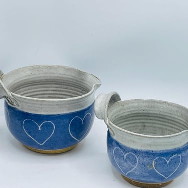 Studio Art Pottery (2) Gravy Boat Creamer Bowls Handmade Stoneware Speckled Blue Hearts- 4 - 5