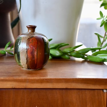 Vintage Ceramic Red, Orange Green Drip Pottery Vase, Mid Century Modern Handmade Weed Pot, Small Flower Bud Vase, Retro Stoneware Studio Art 