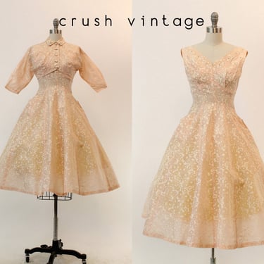 1950s rhinestone organza dress and bolero | vintage full skirt | new in 