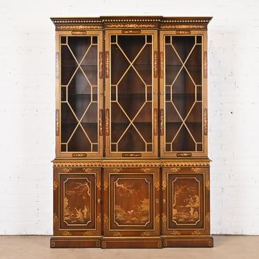 Kindel Furniture Georgian Chinoiserie Mahogany Lighted Breakfront Bookcase Cabinet