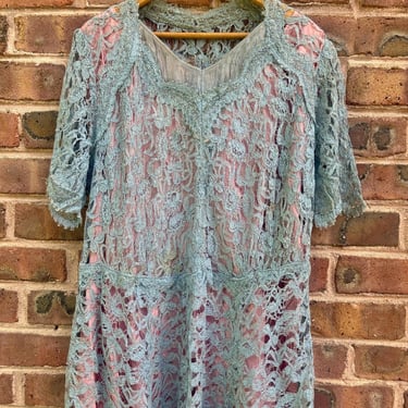 Vintage 1940s Dusty Blue Lace Cocktail Party Dress Large XL by TimeBa