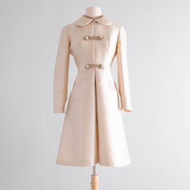 Elegant 1960's Ivory Shantung Silk Cocktail Dress / Medium