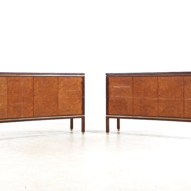 Edward Wormley for Dunbar Mid Century Curved Front Burlwood, Mahogany and Brass Credenza - Pair - mcm 