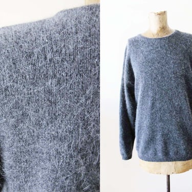 Vintage 90s Gray Angora Blend Sweater S M - 1990s Grunge Fuzzy Simple Minimalist Charcoal Pullover Slouchy Top 
