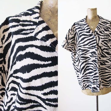 2000s Zebra Short Sleeve Shirt L - Vintage y2k Animal Print Collared Button Up Camp Shirt 