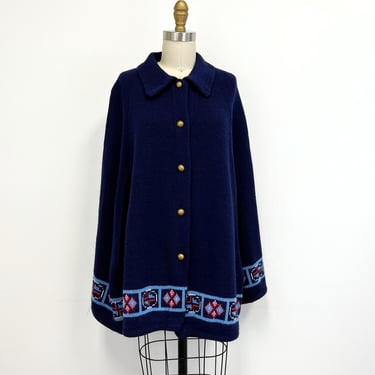 Vintage Poncho or Cape | 70s Button Front Knit Poncho with Collar 