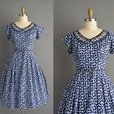 1950s dress | Susan Ross Abstract Blue Cotton Print Shirtwaist Day Dress | Medium | 50s vintage dress 