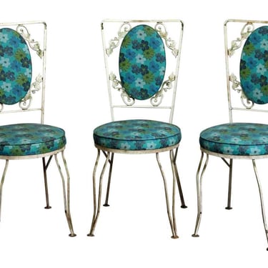 Set of Three Blue Floral Vintage Patio Chairs