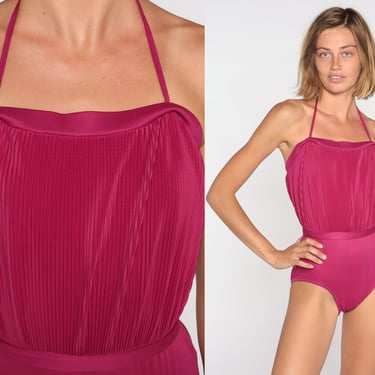 70s Swimsuit Pink One Piece Bathing Suit Halter Top Pleated Bodice Tie Belt Spaghetti Straps 1970s Vintage Plain 80s Swim Suit Medium M 