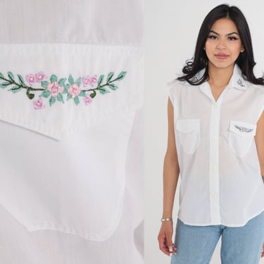 White Floral Tank Top 80s Embroidered Button Up Blouse Flower Shirt Retro Hippie Boho Girly Summer Sleeveless Vintage 1980s Medium Large 