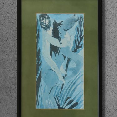 Vintage Color Lithograph in the Trend of Primitivism, Naive Art 