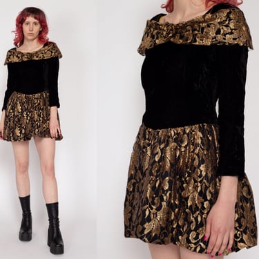 XXS 80s Velvet & Lace Bubble Skirt Party Dress | Vintage Black Gold Fit Flare Girl's Mini Dress 