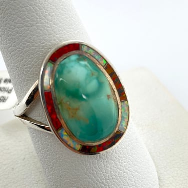 David R Freeland Jr Artisan Turquoise Fiery Lab Red & White Opal Inlay Sterling Silver Ring Sz 9 
