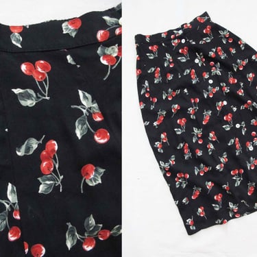 Vintage 90s 2000s Cherry Fruit Print Skirt S M - Black Red High Waist Button Front Midi Skirt - Clio Rayon Cute Kawaii A Line Skirt 