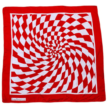 Vintage 1980s Louis Feraud Paris Silk Scarf, Red and White Op Art Graphic, 32 Inch Square w/Hand-Rolled Hem, VFG 