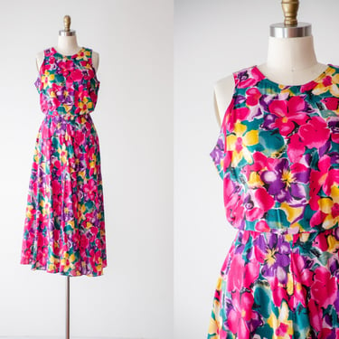 floral midi dress | 80s vintage hot pink purple yellow floral flowy sleeveless dress 