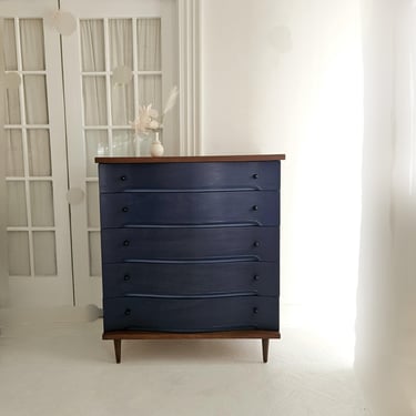 Mid century,  vintage  mcm dresser, tall dresser, navy blue,  curvy dresser,pretty, handsome  dresser,dark academia,art deco, dresser  NJ ny 