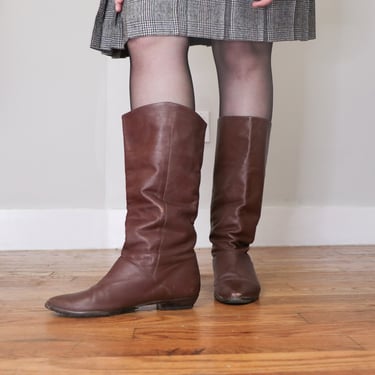 Vintage Mid Calf Boots/ 80's Leather Boots/ Brown Boots 