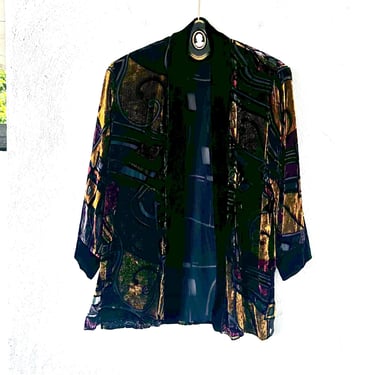 Vintage 90s Silk Velvet Boho Cardigan Lightweight Black 1990s Coverup Top 