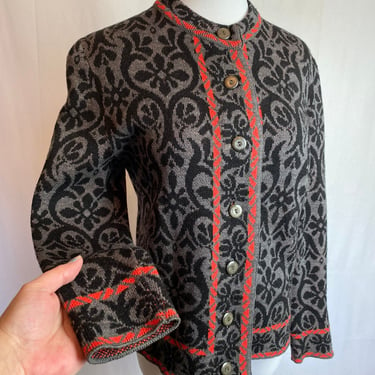 1960’s Catalina Wool cardigan sweater~floral pattern 100% woolen orange stripe gray tones Mod boho hippie size 38/ Medium 