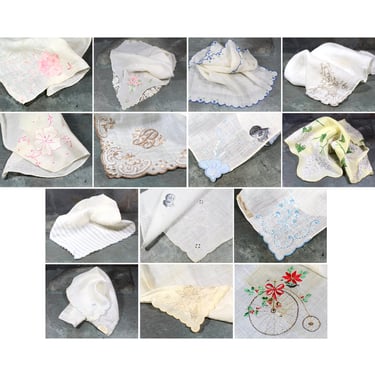 Set of 14 Vintage Handkerchiefs with Printing and/or Embroidery | Various Colors & Patterns | Vintage Linens | Bridal Hankies | Bixley Shop 