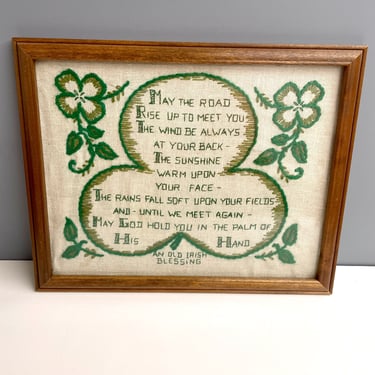 Irish blessing framed needlework - vintage stitchery 