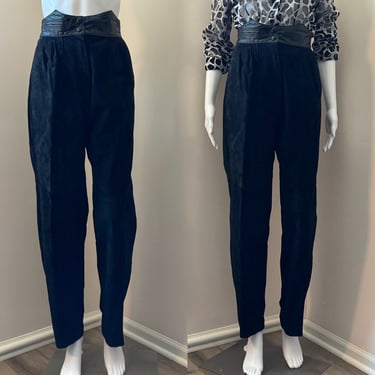 1980’s High Waist Black Suede Pants with Leather trim S/M 