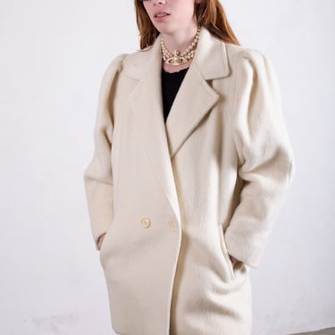 Vintage 1980s Cream Soft Wool Overcoat with Massive Puff Sleeves Pea Coat Bell Mohair 80s Minimalist Avant Garde XS S M 