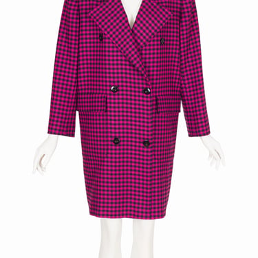 Valentino 1980s Vintage Magenta & Black Plaid Wool Double-Breasted Oversized Coat 