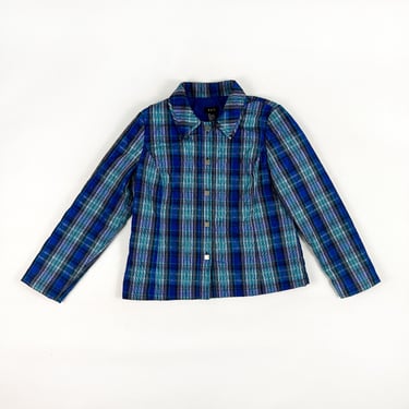 y2k Blue Plaid Quilted Satin Jacket / Silver Square Buttons / Liner / Layer / Grunge / Large / Bomber / 1990s / Delias / Shiny / Texture / 