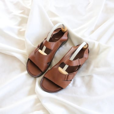 toffee leather sandals - 7.5 - vintage y2k womens brown tan wedge open toe sling back shoes seven half 