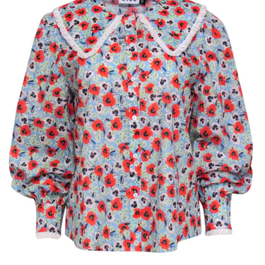 Rixo - Blue Floral Print Peasant Collar Button Up Shirt Sz S