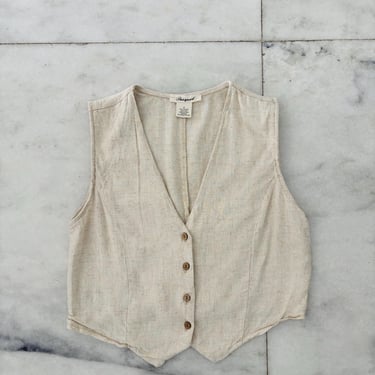 Vintage Passport Vest Waistcoat Gilet Beige Linen Womens Small Boho Hippie 