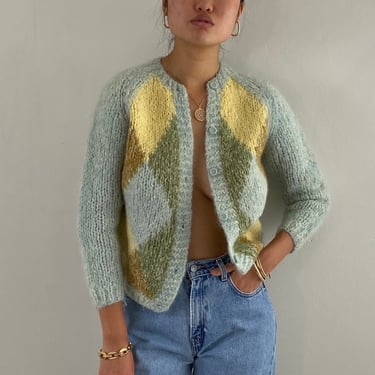 50s handknit mohair sweater / vintage baby blue yellow argyle