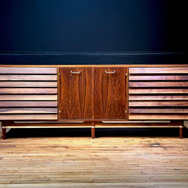 Restored American of Martinsville Dania Nine Drawer Walnut Lowboy Dresser by Merton Gershun - Mid Century Modern Credenza Sideboard 
