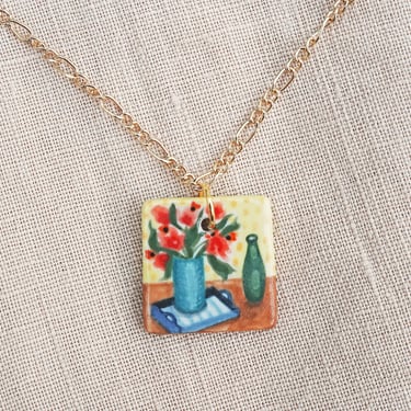 Still Life Ceramic Charm Necklace, Tiny Painting, Hand Painted Ceramic Charm, Ceramic Jewelry, Ceramic Pendant, Artist Jewelry 