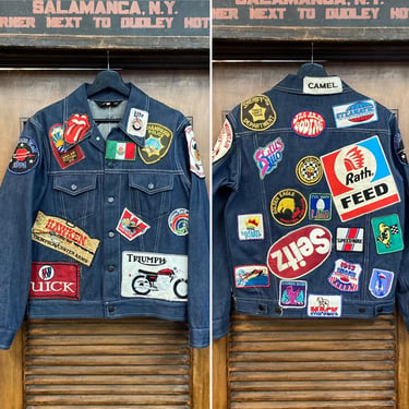 Vintage 1970’s All Over Patches Hippie Rocker Denim Trucker Biker Jacket, 70’s Biker Top, 70’s Jean Jacket, Vintage Clothing 