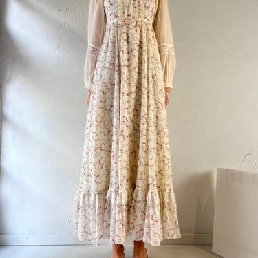 70s ‘Gunne Sax’ Cream Floral Peasant Maxi Dress / Small 