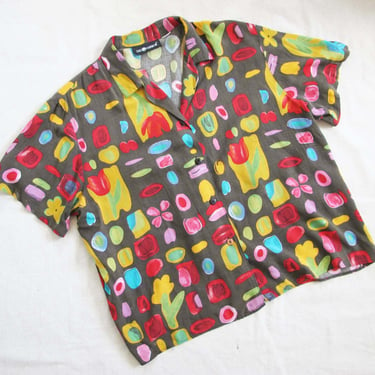 Vintage 90s Floral Shapes Button Up Shirt M L - 1990s Oversized Baggy Brown Yellow Colorful Abstract Print Collared Shirt 