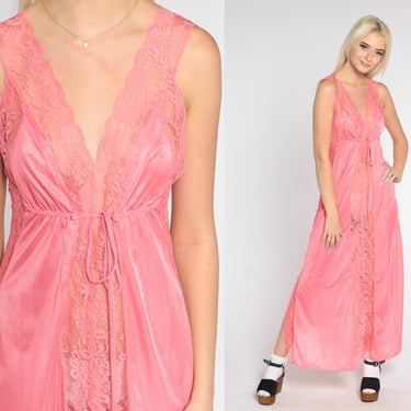 Bright Pink Nightgown 70s Sheer Floral Lace Slip Maxi Lingerie Dress Retro Empire Waist V Neck Low Back Long Romantic Vintage 1970s Small S 
