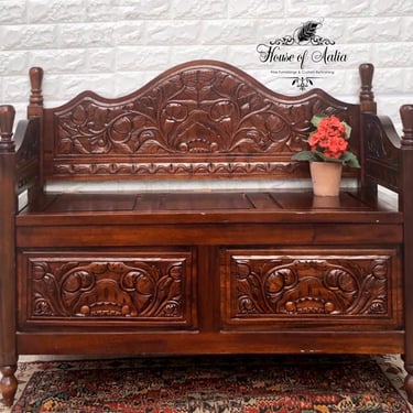 Headboard Entryway Bench. Hand Carved Pew. Bench with Storage. Bedroom, Living Room, Sitting Room Wood Bench. Indonesian Furniture. 
